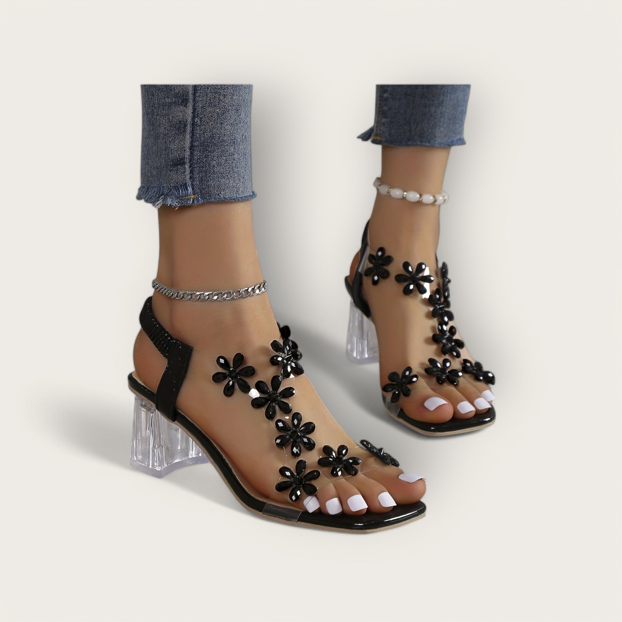 Lina & Loop | Square Heeled Sandals with Floral Pattern
