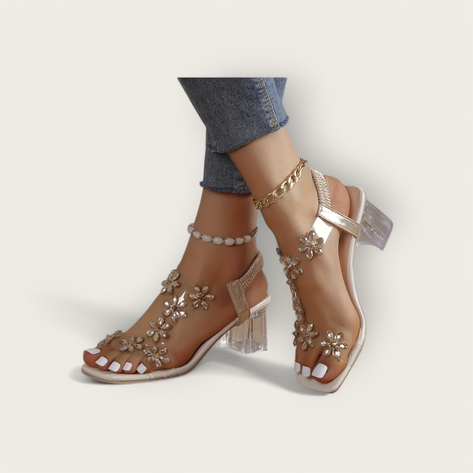 Lina & Loop | Square Heeled Sandals with Floral Pattern