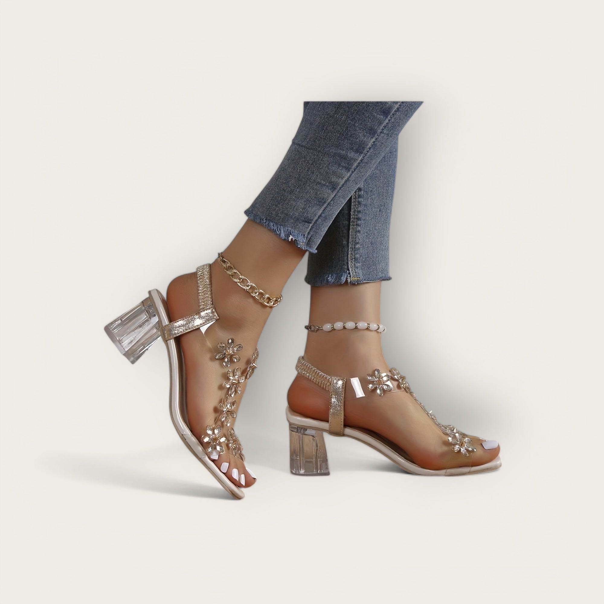 Lina & Loop | Square Heeled Sandals with Floral Pattern