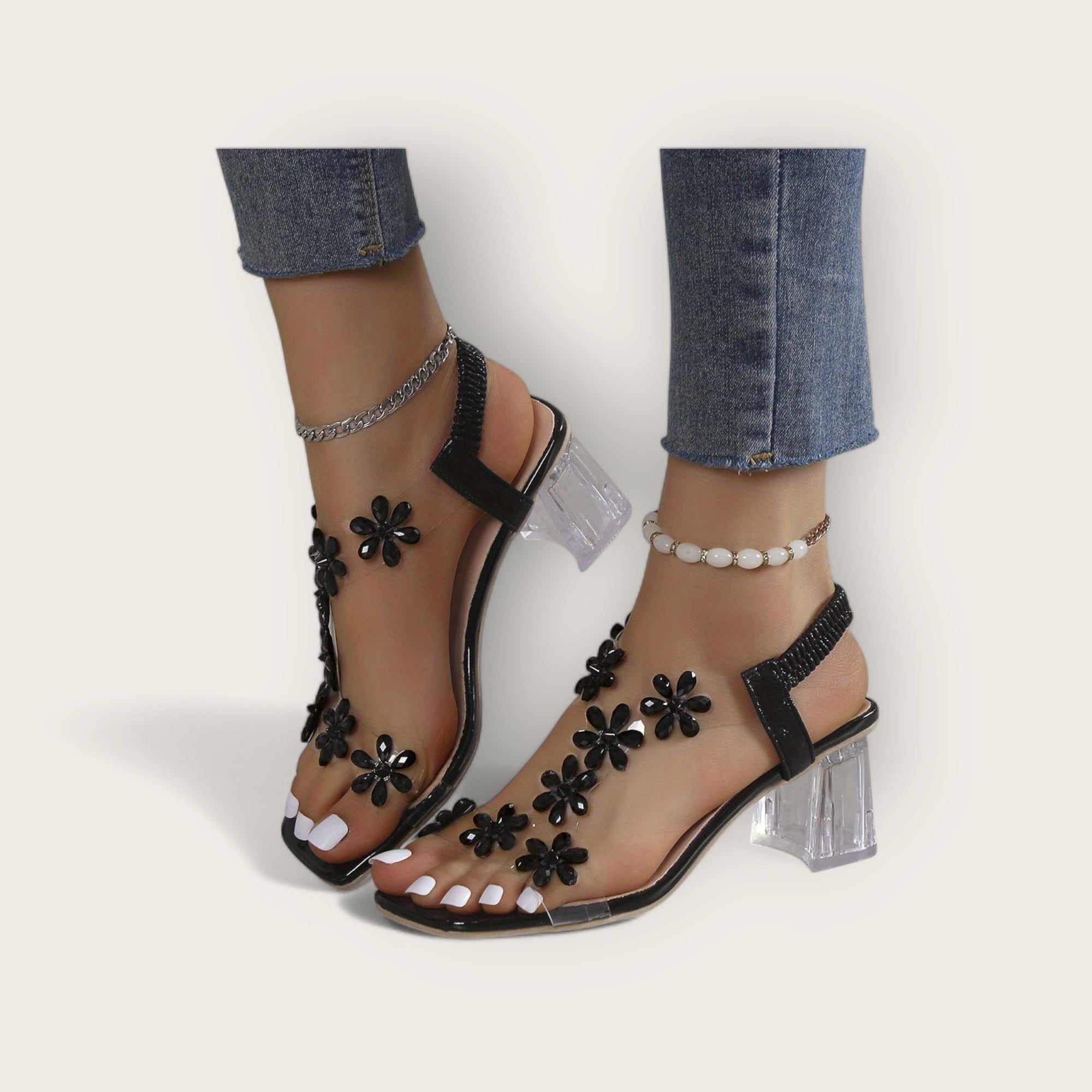 Lina & Loop | Square Heeled Sandals with Floral Pattern