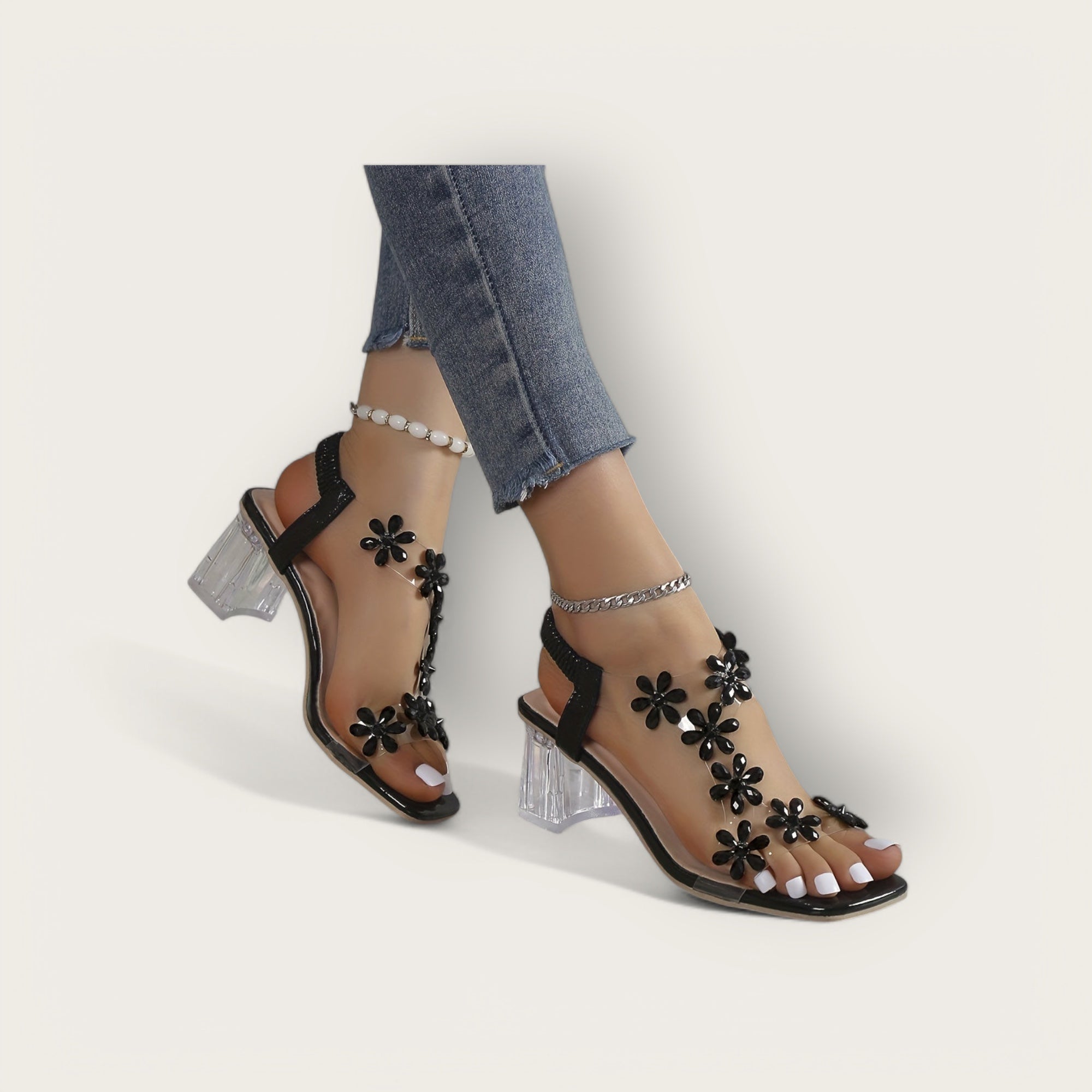 Lina & Loop | Square Heeled Sandals with Floral Pattern