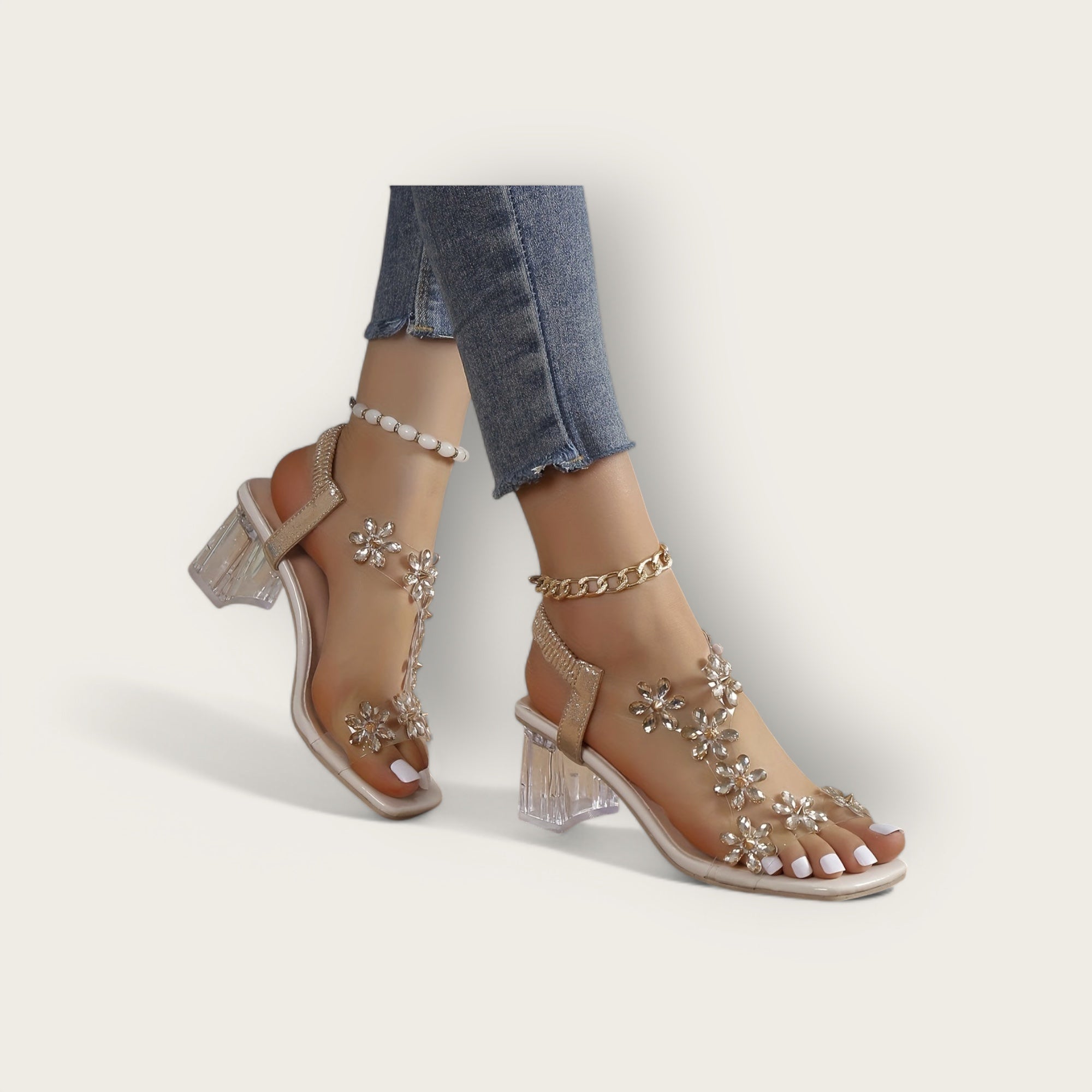 Lina & Loop | Square Heeled Sandals with Floral Pattern