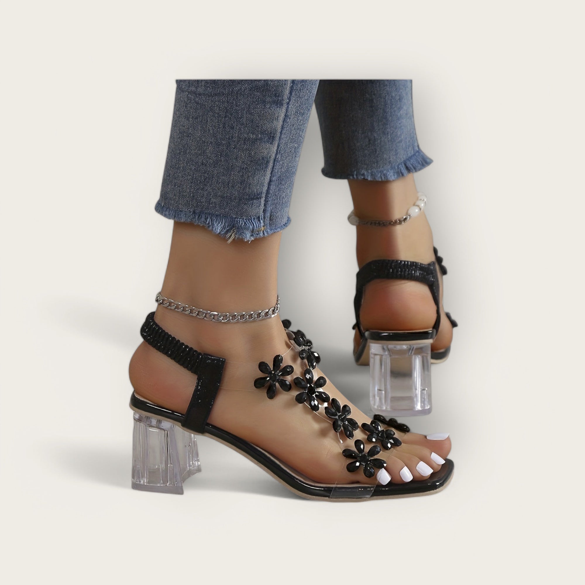 Lina & Loop | Square Heeled Sandals with Floral Pattern