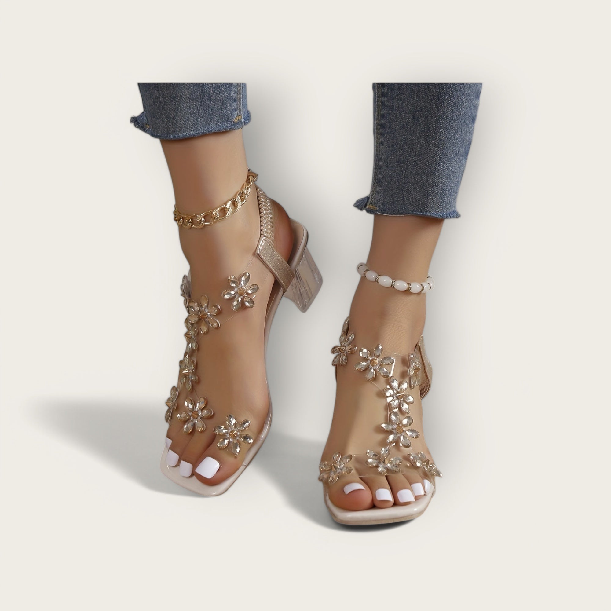 Lina & Loop | Square Heeled Sandals with Floral Pattern