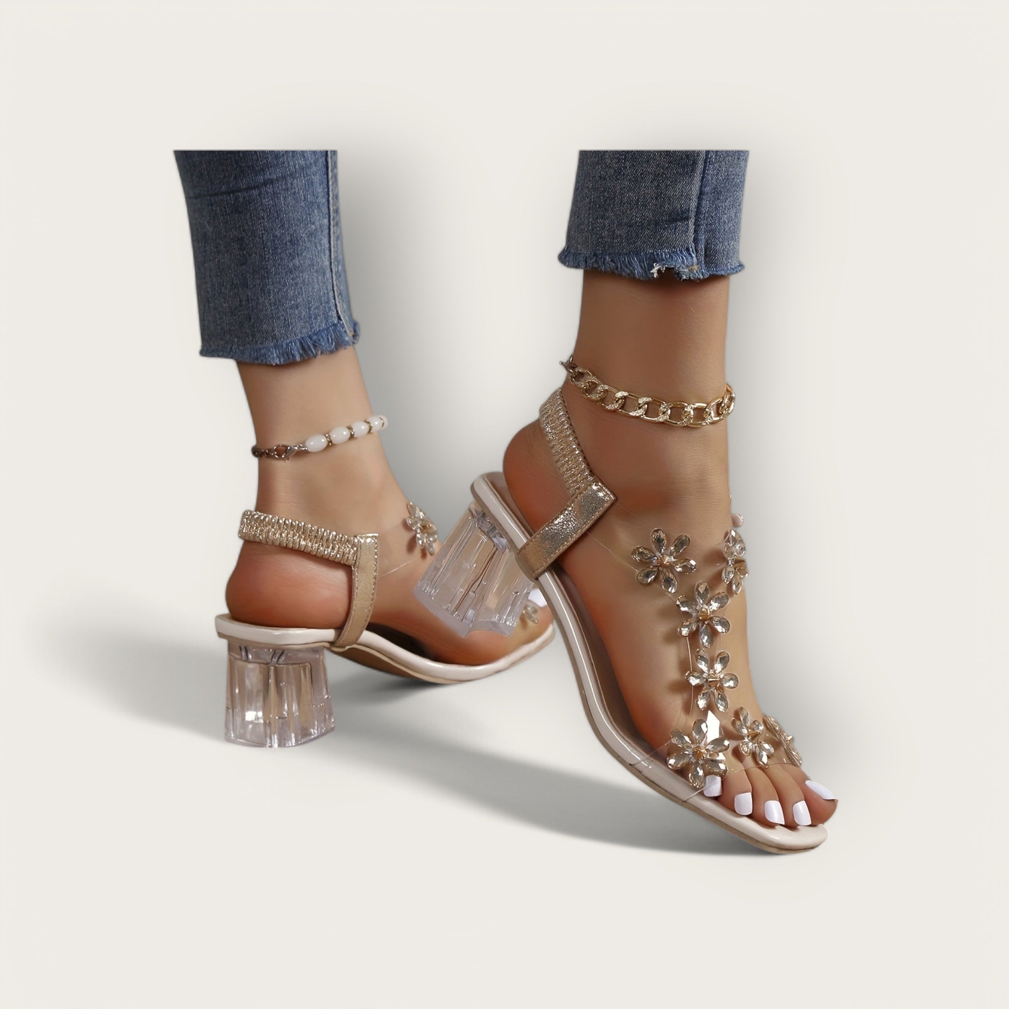 Lina & Loop | Square Heeled Sandals with Floral Pattern